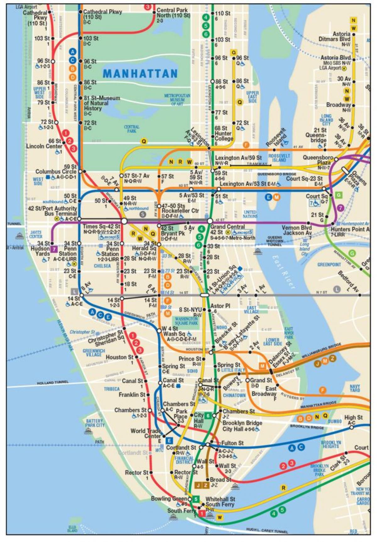 mapa dolního Manhattanu metrem