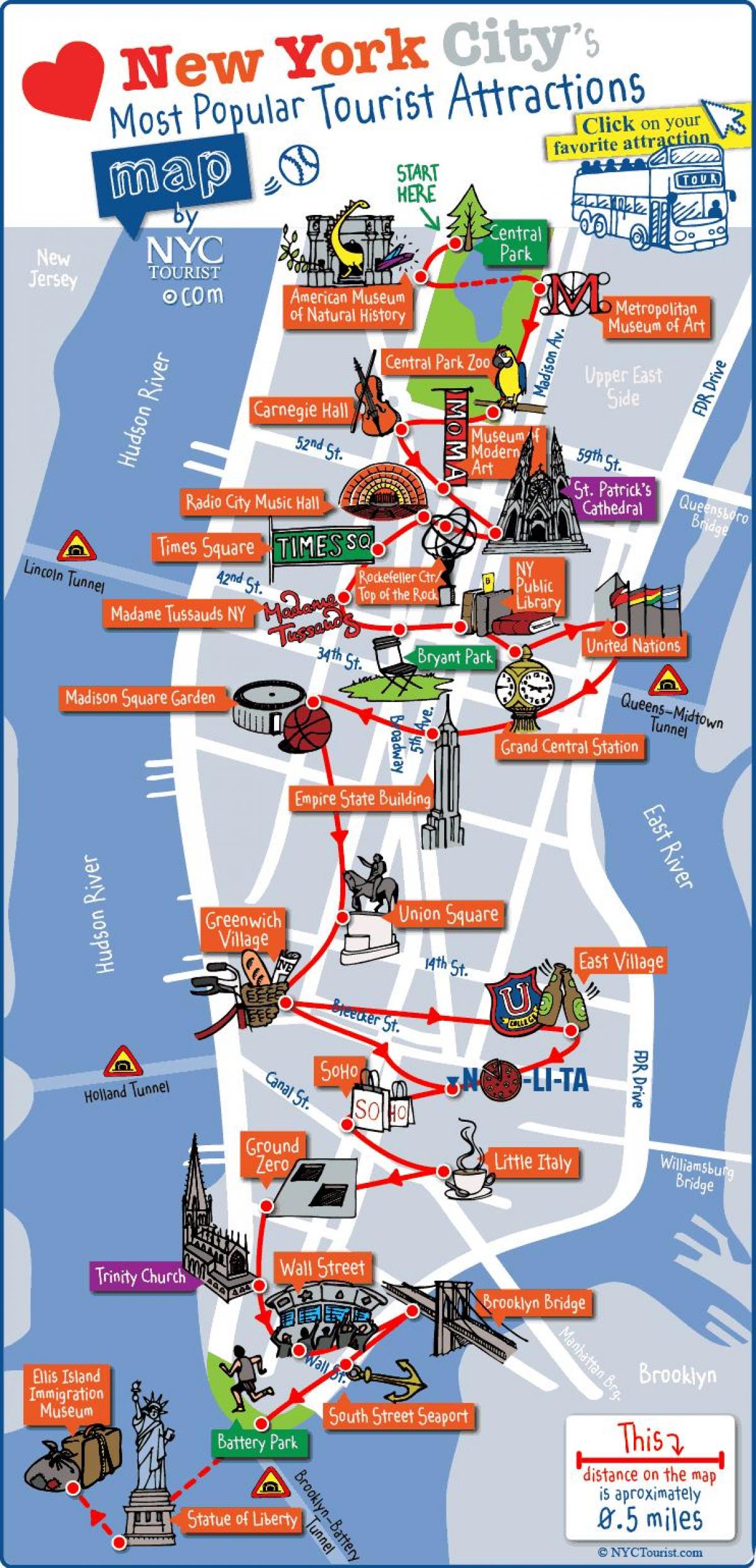 mapa Manhattanu, New York atrakce