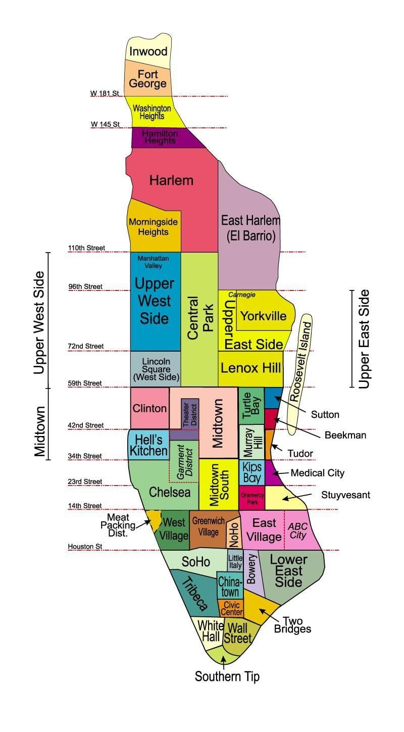 čtvrtí na Manhattanu mapě