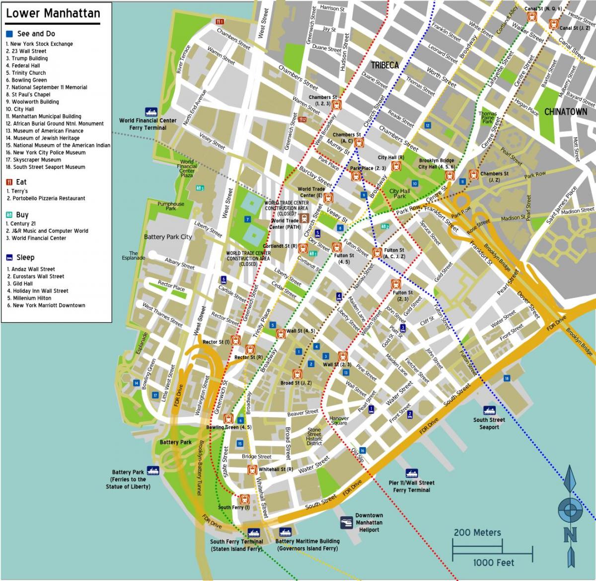 mapa dolní Manhattan s názvy ulic