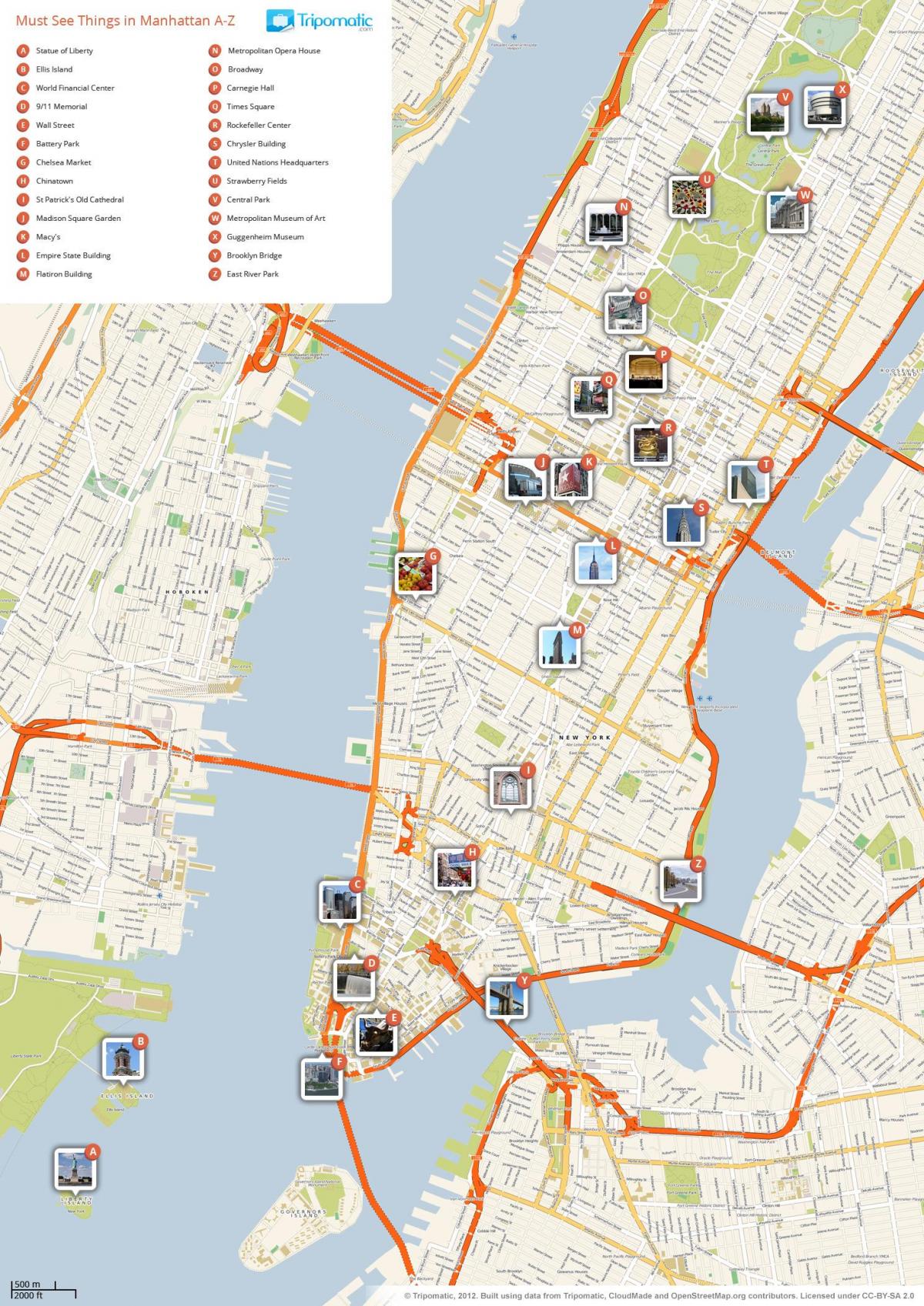 mapa ukazující turistických atrakcí Manhattanu