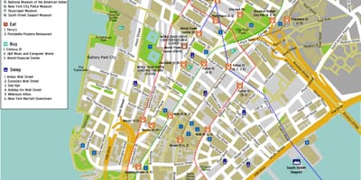 Mapa dolní Manhattan s názvy ulic