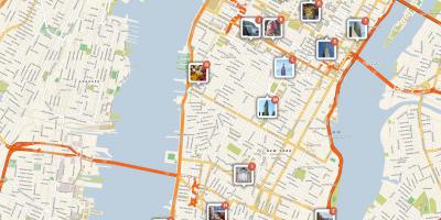 Mapa ukazující turistických atrakcí Manhattanu